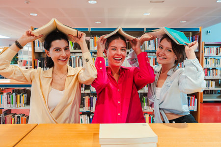 Three Joyful Young Women Playfully Balancing Books on Their Heads While Smiling and Having Fun Together at the University Campus Library During aの写真素材