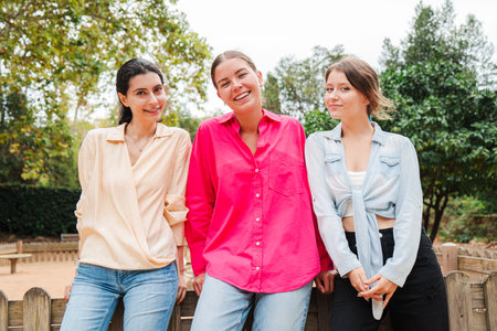 Three Beautiful Young Women Are Laughing Joyfully in a Scenic Outdoor Park. They Are Dressed in Casual Attire Smiling Brightly and Posing Togetherの写真素材