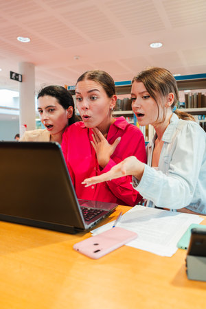 Three surprised girls engaged in an exciting moment while using a laptop together in a library, their expressions filled with wonder and curiosity asの写真素材