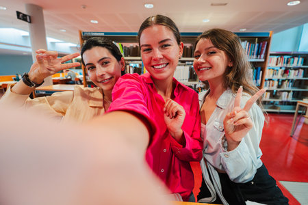 Three cheerful young women happily taking a joyful selfie together, showcasing their friendship and...