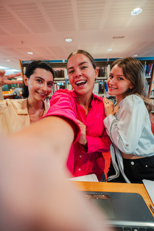 Vertical. Three cheerful young women happily taking a joyful selfie together, showcasing their friendship and camaraderie in a lively educationalの写真素材