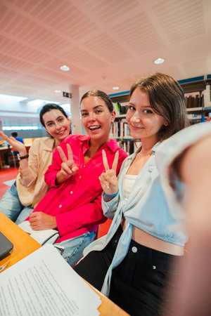 Vertical. Three cheerful young women happily taking a selfie together while enjoying their time as students in a library, showcasing their friendshipの写真素材