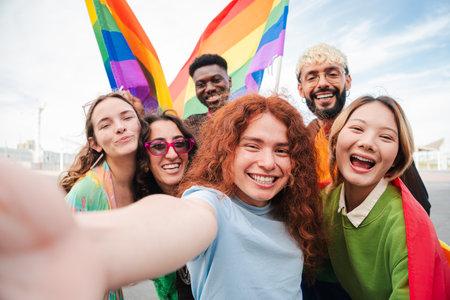 Joyful diverse friends celebrating together with rainbow flags during pride festivities while capturing a fun selfie to commemorate their happinessの写真素材