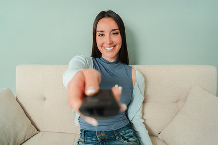 Smiling woman joyfully pointing a remote control at the television while enjoying her favorite show...