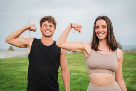 Fit couple showcasing strength by flexing their powerful muscles in a cheerful and energetic manner