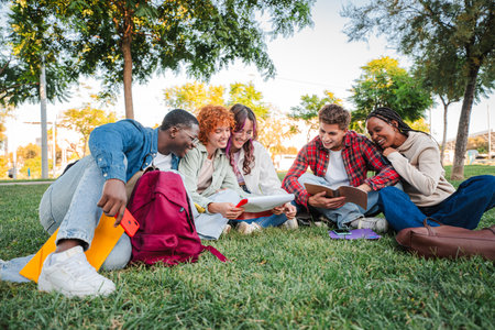 Cheerful group of diverse students engaged in lively discussion while studying together outdoorsの写真素材