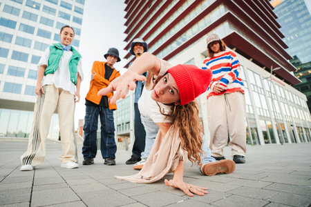Dynamic group of friends showcasing their energetic dance moves in an urban environment with styleの写真素材