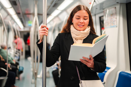A young woman happily reading a captivating book while standing in a subway train, enjoying her journey and immersing herself in the story during herの写真素材