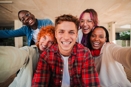 A cheerful group of diverse teenage students taking a selfie together, smiling brightly at the camera, enjoying friendship, laughter, and fun momentsの写真素材