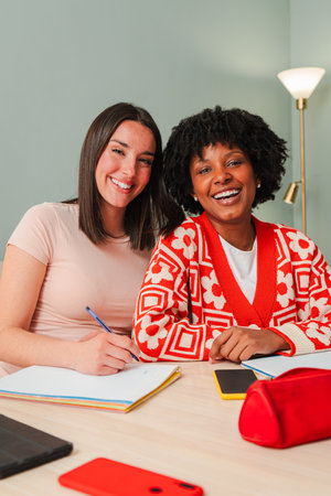Two cheerful young women studying together while writing notes and sharing ideas with smiles on their faces in a collaborative educational environmentの写真素材