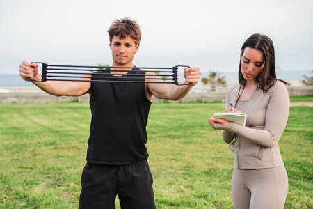 Man engaging in resistance band training while woman takes notes on fitness routine and progressの写真素材