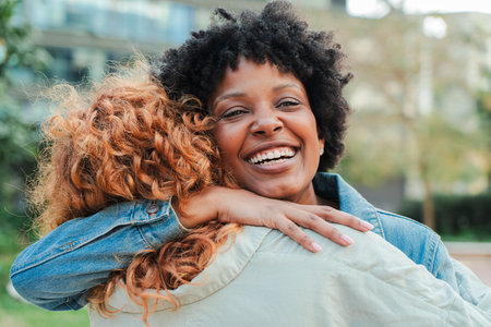 Joyful women sharing a heartfelt embrace filled with warmth, love, and genuine happiness togetherの写真素材