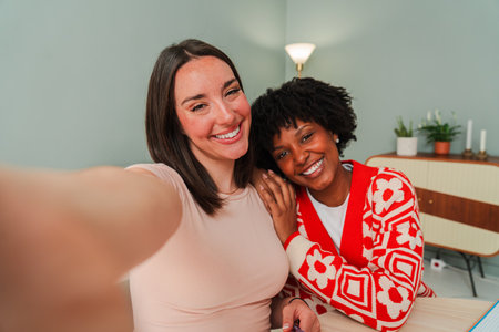 Two joyful young women share a cheerful selfie while smiling brightly and capturing a moment of friendship and happiness together in a close-up photoの写真素材
