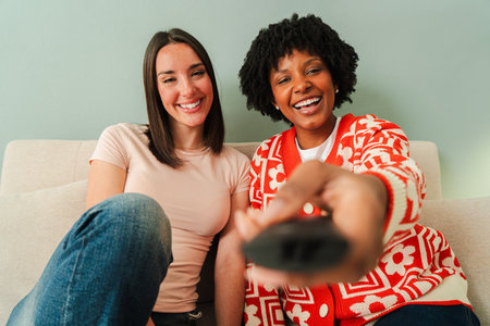 Two joyful women enjoying a delightful evening together while watching television and laughing as they use a remote control to select their favoriteの写真素材