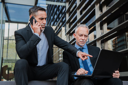 Two professional businessmen discussing important matters while working on a laptop and making a callの写真素材
