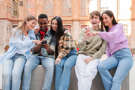 Youthful friends sharing joyful moments while engaging with their smartphones and discovering applicationsの写真素材