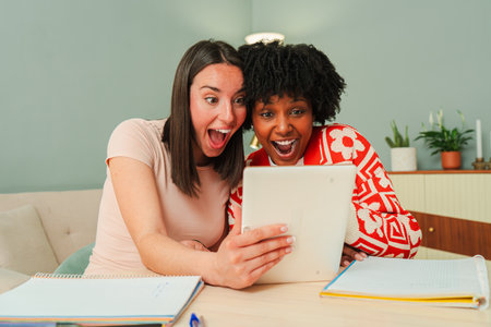 Excited young women sharing joyful moments while discovering something intriguing together on a tablet during their study session with laughter andの写真素材