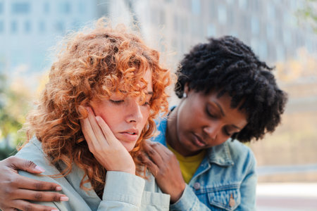 Two women sharing a heartfelt moment as one comforts the other during a difficult emotional...