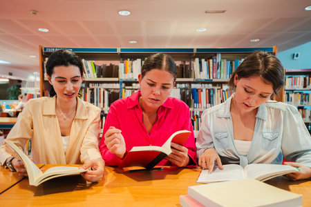 Focused young women engaged in intense reading session with books in a library setting for study