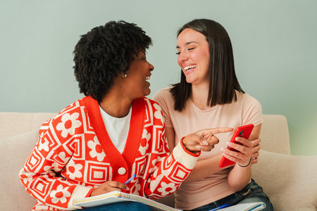 Two cheerful women sharing a joyful moment while using a smartphone to explore mobile applications...