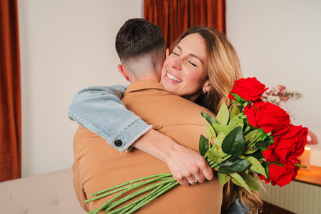 Joyful couple embracing with a beautiful bouquet of red roses in a cozy indoor setting filled with loveの写真素材