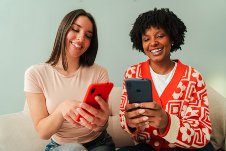 Two cheerful women happily using their smartphones while sitting on a couch, enjoying a delightful...
