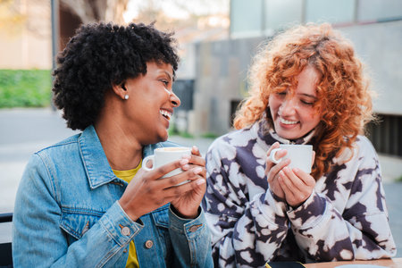Two joyful friends enjoying a delightful conversation while sipping coffee in a lively outdoor cafeの写真素材