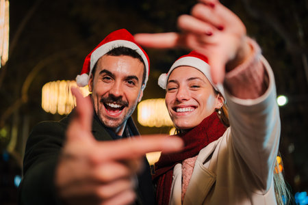 Joyful couple celebrating together during the festive holiday season with exuberant expressions and cheerの写真素材