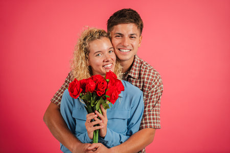 Joyful couple embracing while holding a beautiful bouquet of red roses, celebrating their love togetherの写真素材