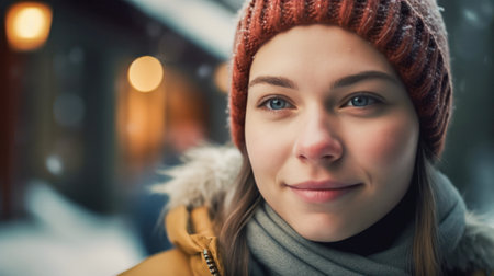 portrait of pretty caucasian woman in winter with woolen hat and coat. Created with AI.の素材