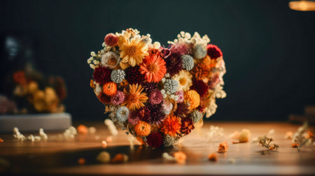 heart made with pretty colorful flowers valentines day, copy space. created with ai.の素材