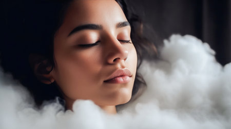 Woman sleeping on the cloud, rest concept, sleep well, healthy. created with ai.の素材