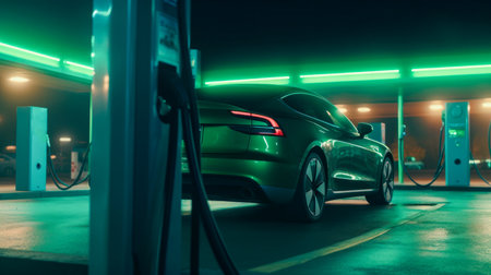 electric car station electric car all in green tones neon lights, created with AI.の素材