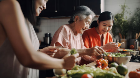 Multigenerational Asian women cooking in home kitchen, created with AI.の素材