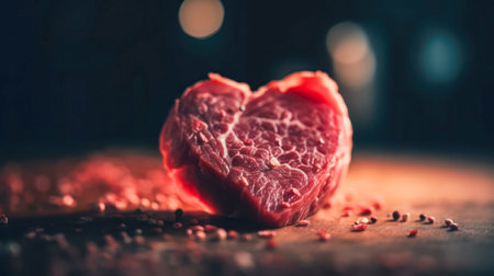 Raw red meat shaped like a heart. Created with AI.の素材