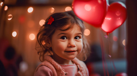 Pretty happy little girl with heart balloons Valentine's Day. Created with AI.の素材