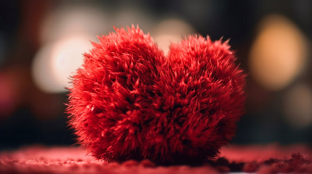 Red fur pompom heart, Valentine's Day concept. Created with AIの素材