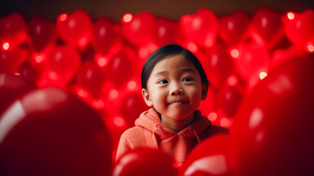 pretty asian girl with hearts on valentine's day background. created with aiの素材