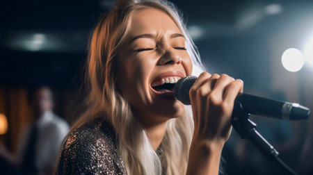 pretty caucasian woman singing on stage with microphone. created with ai.の素材