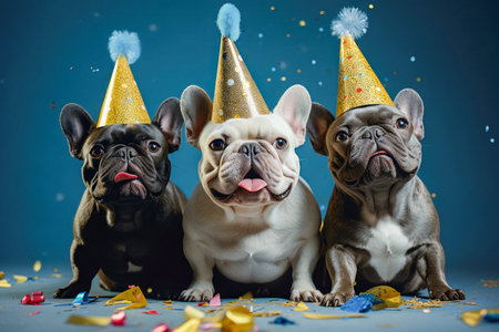 French bull dogs, in carnival costumes, blue background, created with AI.の素材
