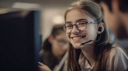 Portrait of pretty Caucasian teenage girl in computer class. Created with AIの素材