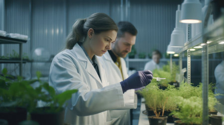 Biologists in a laboratory with plants. Created with AIの素材