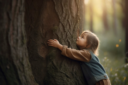 Little girl hugging a tree in a sunlit forest, embracing nature.の素材
