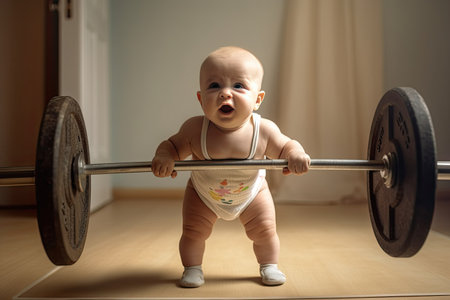 Adorable baby attempting to lift a toy barbell with a funny expression of effort.の素材