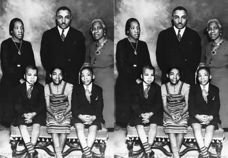 Martin Luther king jr. child and family. father. mother, sister and brother. 3D Cross-Eyed USA Young African American activist, lead the civil rights movement. Black and White.のeditorial素材