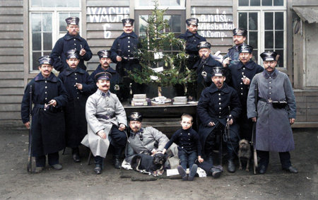 Belgium, 1914: Colorized photo. Christmas in the First World War of German soldiers in uniform away...