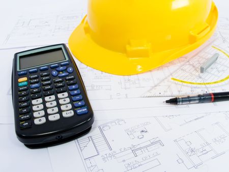 Building projects with architect drawing and protective toolsの写真素材