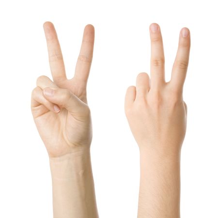 Concept for victory sign made with hands isolated on white Concept for victory sign made with hands isolated on white