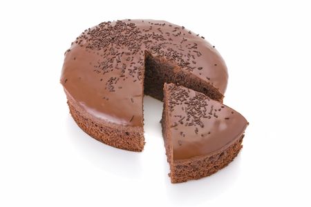 Sliced chocolate fudge cake isolated on white background
の写真素材