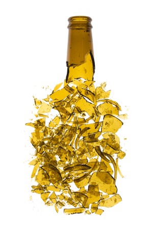Broken beer bottle isolated on white backgroundの写真素材